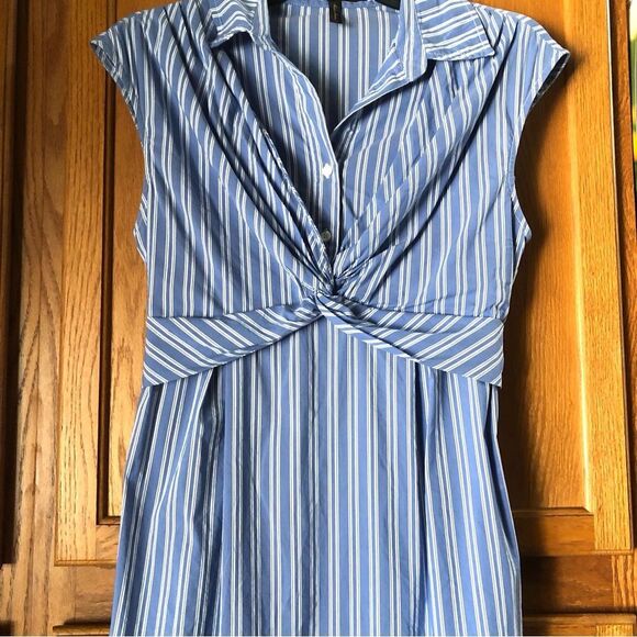 BCBGMAXAZRIA Collared Striped Ruffle Tie Back Sleeveless Shift Dress - 8 - Picture 4 of 14